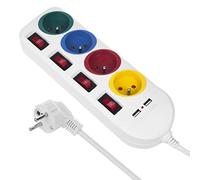 Bloc multiprises rallonge 4 Prises + 2X USB avec interrupteurs | 250VAC Courant nominal : 10 A, 2.1A 5V, Longueur du câble : 1,5 m Blanc Équipé d'un fusible enfant Maclean
