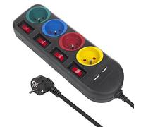 Bloc multiprises rallonge 4 Prises + 2xUSB avec interrupteurs Maclean | 250VAC/10A, 2,1A 5V 1,5m Noir Longueur du câble : 1,5 m Équipé d'un fusible enfant