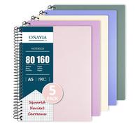 Bloc-notes A5, lot de 5, 80 feuilles, quadrillé, reliure spirale, couleurs pastel