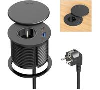 Bloc prise encastrable 1 prise double USB-C, câble 1.7m, bureau cuisine meubles noir