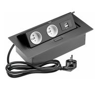 Multiprise de bureau, 2 x français, 2 x USB, câble d'alimentation, noir