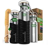 Blockhütte gourde isotherme en acier inox avec revêtement en silicone, bouteille isotherme 1l, bouteille d'eau anti-fuite, gourde thermos passe au lave-vaisselle I pour enfants, adultes I noir