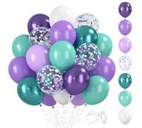 BlooMoo 60 Pièces Ballons Violet Bleu, 12 Pouces Latex Ballon Violets Turquoise, Ballons Metalliques, Ballon Confettis, pour Sirène Anniversaire Mariage Décoration de Fête