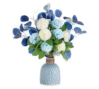 BLOSMON Bouquet Fleur Artificielle Table Decoration | Bleu Hortensia avec Bleu Vase, Fausse Flowers pour Deco Chemin de Table, Salon, Maison, Anniversaire Fête, Bureau Décoration