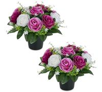 BLOSMON Cimetiere Fleurs Artificielles en Pot, 2 Pcs, Violet Lilas Blanc | Rose Fleur Artificiel avec Vase pour Cimetière, Tombe Deco, Exterieur Tombale, Funéraire Decoration