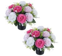 BLOSMON Fleurs Artificielles Cimetiere en Pot, 2 Pcs, Rose Blanc | Roses Fleur Artificielle avec Vase pour Cimetière, Tombe Deco, Exterieur Tombale, Funéraire Decoration