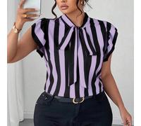 Blouse à manches courtes avec col cravate rayée noir et blanc, style décontracté/travail, grande taille 0XL,1XL,2XL,3XL,4XLRayéTissu tissé