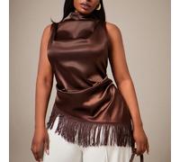 Blouse chemise asymétrique irrégulière à franges en tissu satin stretch, élégante et sexy, pour femmes grandes tailles. Convient pour le travail, les sorties, le style chic. 0XL,1XL,2XL,3XL,4XL,5XLUni