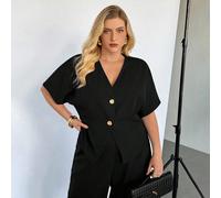 Blouse élégante à manches courtes noire et dorée pour femmes grandes tailles, style Old Money, chemise d'enseignante, tenue de travail formelle et décontractée pour l'été 0XL,1XL,2XL,3XL,4XL,5XLUnicol