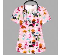 Blouse femme à col V rose, manches courtes, avec double poche, imprimé mignon de chien. Uniforme de travail pour infirmière, médecin ou toilettage d'animaux de compagnie. Blouse de laboratoire pour nu