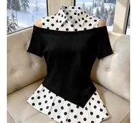 Blouse grande taille pour femme printemps/été nouvelle décontractée élégante pour le travail avec col de chemise épaules dénudées manches courtes ajustée style asymétrique 0XL,1XL,2XL,3XL,4XLGéométriq