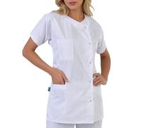 Blouse Médicale Femme Manches Courtes Col Rond Blanche Grand Taille | Blouse de Travail，Avec 3 Poches, Fermeture Pression, Décontracté, Idéal cuisine/médical