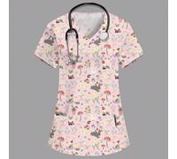 Blouse médicale rose à col en V, manches courtes et double poche, motif lapin, idéale pour infirmière/médecin, clinique vétérinaire, nutritionniste, laboratoire, vêtements de travail fonctionnels et a