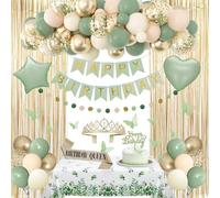 Blue Cloudy Décoration d'anniversaire vert sauge pour femme, ballons aluminium nude neutre, nappe, écharpe, couronne, rideaux à franges, bannière Joyeux Anniversaire, guirlande de cercles