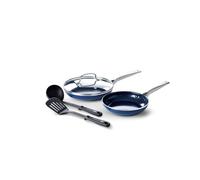 Blue Diamond Cookware Batterie de Cuisine Antiadhésive en Céramique Infusée au Diamant 5 pièces, Sans PFAS, Induction, Va au Lave-Vaisselle, Va au Four, Argent