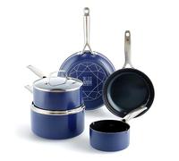 Blue Diamond Cookware Batterie de Cuisine avec Revêtement Antiadhésif en Renforcé avec des Diamants, Set de 7 Poêles et Casseroles, Sans PFAS, Induction, Va au Lave-Vaisselle, Va au Four, Bleu