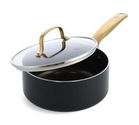 Blue Diamond Gold Cocotte Antiadhésive en Céramique Infusée au Diamant 18 cm/ 1,9 Litre avec Couvercle en Verre, Sans PFAS, Convient à l'induction, Va au lave-vaisselle, Four, Poignée dorée, Noir
