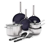 Blue Diamond Triple Steel Batterie de Cuisine en Acier Inoxydable 18/10 Revêtement Antiadhésif Céramique Renforcé avec des Diamants, 11 Pcs, Sans PFAS,Multicouche,Induction,Lave-Vaisselle,Four,Argenté