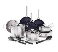 Blue Diamond Triple Steel Batterie de Cuisine en Acier Inoxydable 18/10 Revêtement Céramique Antiadhésive, 15 Pièces,Poêle à Frire,Casserole,Sans PFAS,Multicouche,Induction,Lave-Vaisselle,Four,Argenté