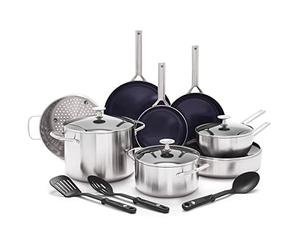 Blue Diamond Triple Steel Batterie de Cuisine en Acier Inoxydable 18/10 Revêtement Céramique Antiadhésive, 15 Pièces,Poêle à Frire,Casserole,Sans PFAS,Multicouche,Induction,Lave-Vaisselle,Four,Argenté