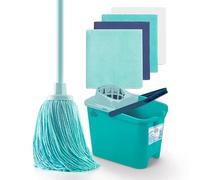 Blue Dolphin - Balai à Franges et Seau avec essoreur + Lot de 4 Chiffons en Microfibre 100% recyclée, Ensemble de Nettoyage Domestique, Durable, Balai avec Seau de Lavage, Nettoyage des sols