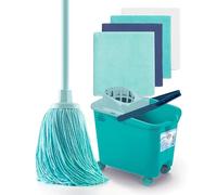 BLUE DOLPHIN - Balai à franges et seau avec roues + lot de 4 chiffons en microfibre 100% recy ensemble de nettoyage domestique, durable, balai avec seau essoreur, nettoyage des sols, tous types d