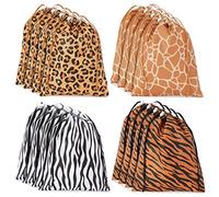 BLUE PANDA Lot de 12 sacs cadeaux de fête avec cordon de serrage imprimé animal - 25,4 x 30,5 cm en polyester - Safari et jungle - Sacs à cordon à imprimé animal