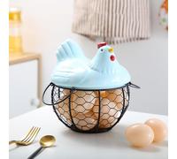 (blue) Panier de rangement en céramique et fer 19x16x10 cm pour œufs, fruits et en-cas, motif poussin, disponible en plusieurs couleurs