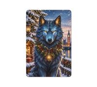 Blue Wolf with Christmas Wreath and Lantern Plaque Métal, Décoration Murale | Les plaques métal conviennent comme cadeau pour un nouvel appartement et les adeptes de déco.