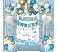BlueCloudy Décoration d’anniversaire bleue pour femme, ballons aluminium bleu poussière blanc sable, nappe, écharpe, couronne, rideaux, bannière Joyeux Anniversaire, guirlande étoiles pailletées