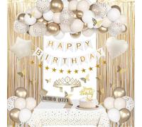 BlueCloudy Décoration d’anniversaire pour femme, ballons aluminium blanc sable beige crème neutre or, nappe, écharpe, couronne, rideaux, bannière Joyeux Anniversaire, guirlande étoiles dorées