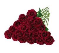 BlueCloudy Lot de 16 roses rouges artificielles en flanelle avec longue tige en plastique pour mariage, décoration de table, Saint-Valentin, fête à la maison, bouquet de mariée, vin rouge