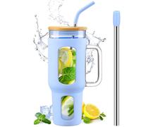 BLUEGO Gobelet en verre avec couvercle, 1400ml Tasse à café glacé avec poignée, Bouteilles d'eau en verre avec manchon en silicone, Mug Verre de 1,4 L avec 2 pailles, Sans BPA (Bleu clair, 1400ml)