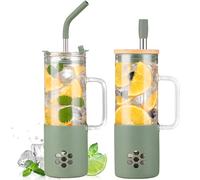 BLUEGO Gobelets en verre 600 ml avec 2 couvercles et poignée,Tasse en verre Avec pailles,Tasses à café glacé, Gobelet à jus de smoothie de 0,6 L, Tasse à thé aux perles, Olive