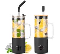 BLUEGO Gobelets en verre 600 ml avec 2 couvercles et poignée, Tasse en verre Avec pailles,Tasses à café glacé, Gobelet à jus de smoothie de 0,6 L, Tasse à thé aux perles, Noir