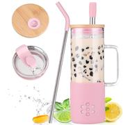 BLUEGO Gobelets en verre 600 ml avec 2 couvercles et poignée, Tasse en verre Avec pailles,Tasses à café glacé, Gobelet à jus de smoothie de 0,6 L, Tasse à thé aux perles, Rose