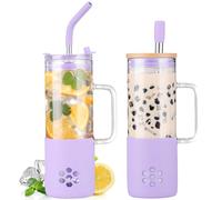 BLUEGO Gobelets en verre 600 ml avec 2 couvercles et poignée, Tasse en verre Avec pailles,Tasses à café glacé, Gobelet à jus de smoothie de 0,6 L, Tasse à thé aux perles, Violet