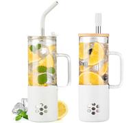 BLUEGO Gobelets en verre 600 ml avec 2 couvercles et poignée, Tasse en verre Avec pailles,Tasses à café glacé, Gobelet à jus de smoothie de 0,6 L, Tasse à thé aux perles, Blanc