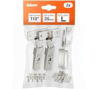 Blum Clip Top Lot de 2 charnières droites à 110 ° pour meuble, avec ressort, vis, butée d'angle + clip Blum Clip, plaque de montage en croix excentrique, acier, vis, distance 0 mm