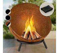 blumfeldt Braséro Fireball - Brasero exterieur terrasse en acier, Ø 66cm,cheminée inclinable, 3 mm d'épaisseur, Utilisable horizontalement et diagonalement, Housse de pluie - Rouille/Bois