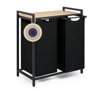 Blumtal panier a linge 2 compartiment - paniere a linge sale 2 compartiments - meuble de salle de bain avec effet bambou - étagère en métal - bac deux sections avec cadre métallique sur pieds - noir