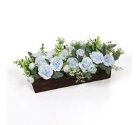 BLWOTMOR Composition Florale Artificielle Centre de Table Bouquet Fleurs Champêtres Verdure Eucalyptus en Boîte en Bois sans Entretien en Matériaux Paulownia, Bleu