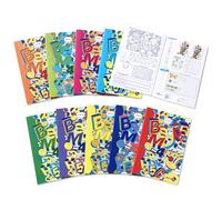 BM BeMore KIDS Maxi Cahier A4 - Ligne 10F, carreaux 10 mm avec marges pour 1er année - Lot de 10 pièces avec couvertures colorées et 4 pages de jeux - Papier de 100g