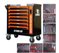 BM TOOLS Servante d'atelier 9/7 Monster-Edition-Orange 7 tiroirs Pleins, 1 Porte & 1 tiroir Vertical - 257 Outils, sur roulettes