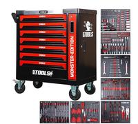 BM TOOLS Servante d'atelier 9/7 Monster-Edition-Red 7 tiroirs Pleins, 1 Porte & 1 tiroir Vertical - 257 Outils - sur roulettes