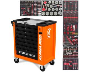 BM TOOLS Servante d'Atelier Garage Automobile Alpha-Pro - 9 Tiroirs - 311 Outils, 4 Roues, 2 Freins, Chariot Mecanicien - Orange
