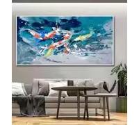 BMGKYAGL Tableau abstrait moderne représentant des carpes koï bleu turquoise, idéal pour un salon ou un étang de pêche (50 x 100 cm, cadre intérieur).
