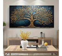 BMGKYAGL Toile murale abstraite représentant l'arbre de vie, branches dorées et bleu marine, avec oiseaux, décoration d'intérieur, grande taille, 80 x 160 cm, sans cadre