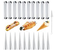 BMZXCH 20 Pièces Moules Tubes Cannoli Moule Tube Backform Set Edelstahl | Rouleau Crème Croissants Corne Gâteau Moule en Acier Inoxydable avec Brosse de Nettoyage pour Croissant Feuilletés Glace