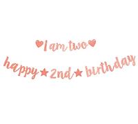 Bng-Bng Bannière 2ème anniversaire - Guirlande de fanions « Happy Birthday » à paillettes or rose pour filles, décorations de fête de deux ans